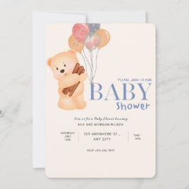 Invitación Baby Shower Beige Blue Cute Bear