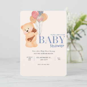 Invitación Baby Shower Beige Blue Cute Bear