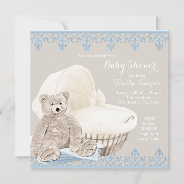 Invitación Baby Shower beige y azul de osito de peluche (Anverso)