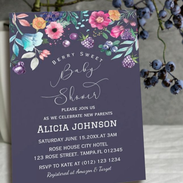 Invitación Baby Shower Berry Sweet Blueberry & Flowers (# BerrySweet #watercolor #blueberry, #wildflower,navy,handlettered#spring #berrybabyshower #floral)