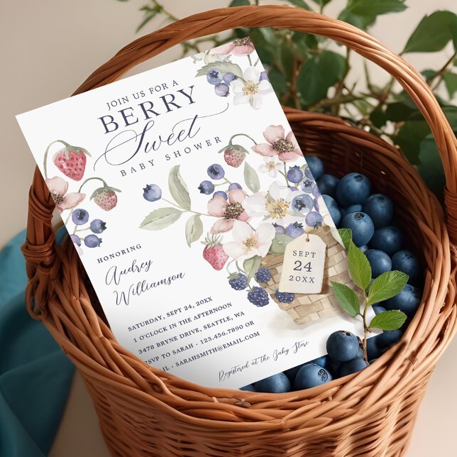 Invitación Baby Shower Berry Sweet Floral & Berry Basket (Berry Sweet Floral & Berry Basket Baby Shower Invitation)