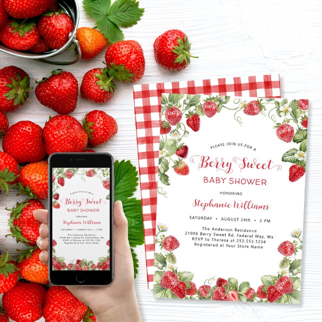 Invitación Baby Shower Berry Sweet Strawberry (Berry Sweet Strawberry Baby Shower Invitation)