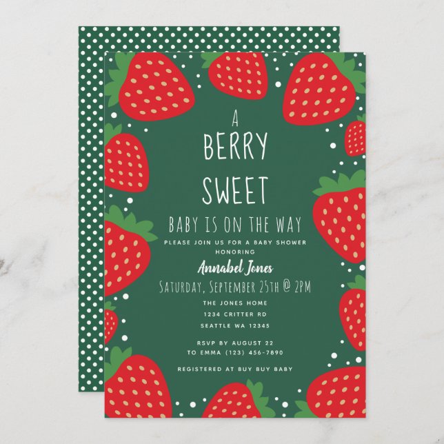 Invitación Baby Shower Berry Sweet Strawberry (Anverso / Reverso)