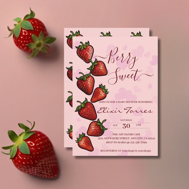 Invitación Baby Shower Berry Sweet Strawberry Hearts (Subido por el creador)