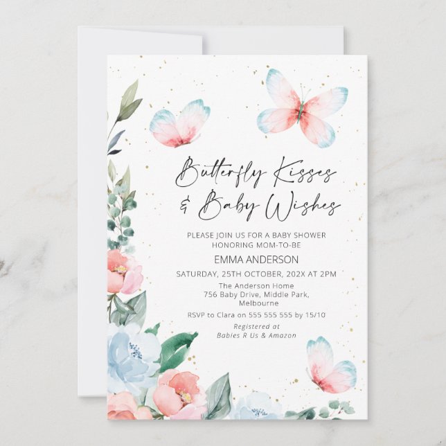 Invitación Baby Shower besa de mariposa floral rosa azul (Anverso)