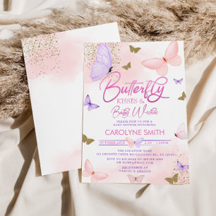 Invitación Baby Shower besa mariposa de oro morado y rosa