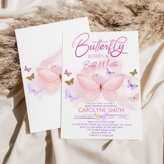 Invitación Baby Shower besa mariposa morada rosa y dorada