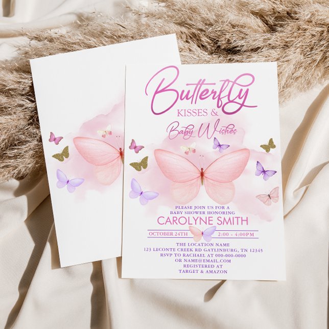 Invitación Baby Shower besa mariposa morada rosa y dorada (Subido por el creador)