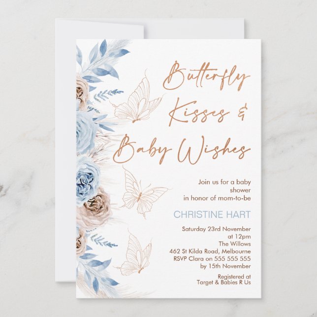 Invitación Baby Shower besos de mariposa floral azul beige (Anverso)
