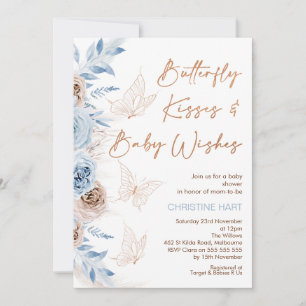 Invitación Baby Shower besos de mariposa floral azul beige