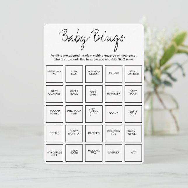 Invitación Baby Shower Bingo Cards, Unique Prefilled Baby Bin (Anverso de pie)