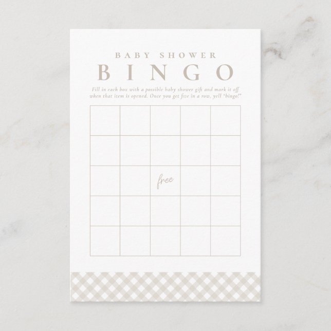 Invitación Baby shower bingo cute neutral gingham party card (Anverso)