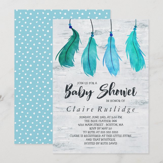 Invitación Baby Shower Birch & Blue Feathers (Anverso / Reverso)