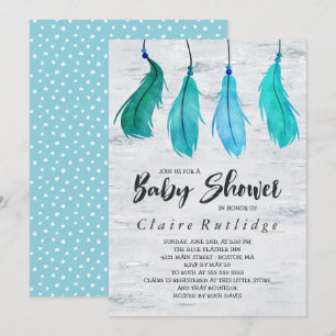 Invitación Baby Shower Birch & Blue Feathers