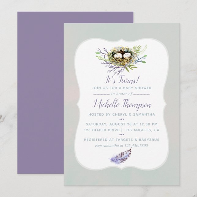 Invitación Baby Shower Birds Nest Twins (Anverso / Reverso)