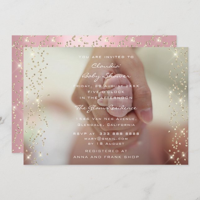 Invitación Baby Shower Birthday Rosa Pink Gold Confetti (Anverso / Reverso)