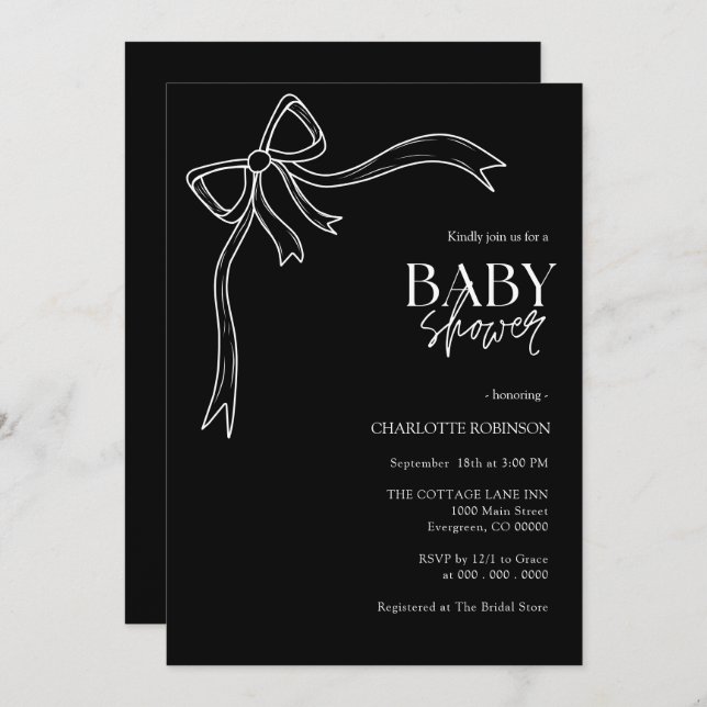 Invitación Baby Shower Black an White Bow (Anverso / Reverso)