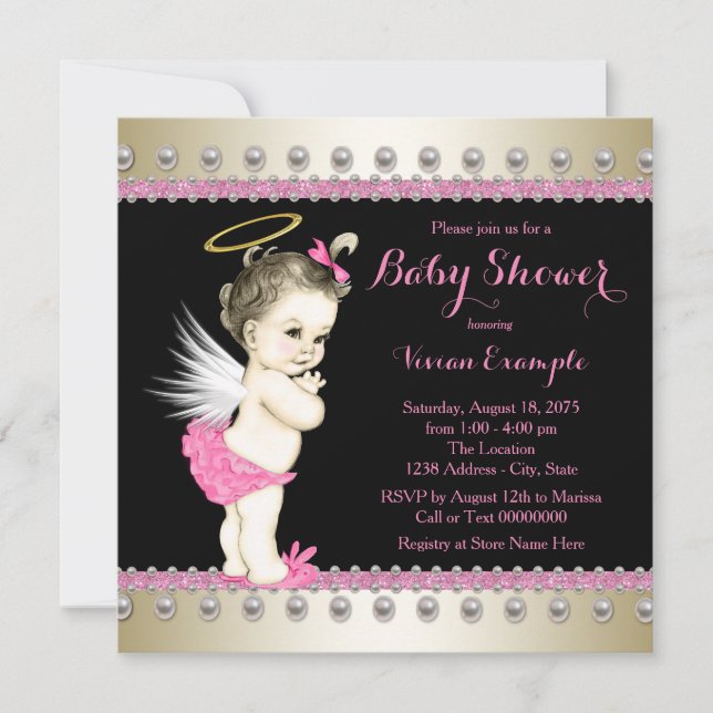 Invitación Baby Shower Black and Gold Angel rosa (Anverso)