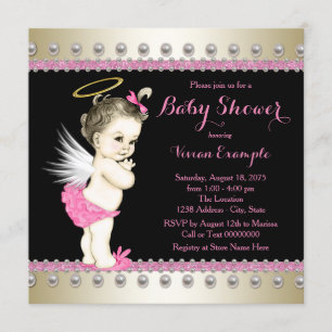 Invitación Baby Shower Black and Gold Angel rosa