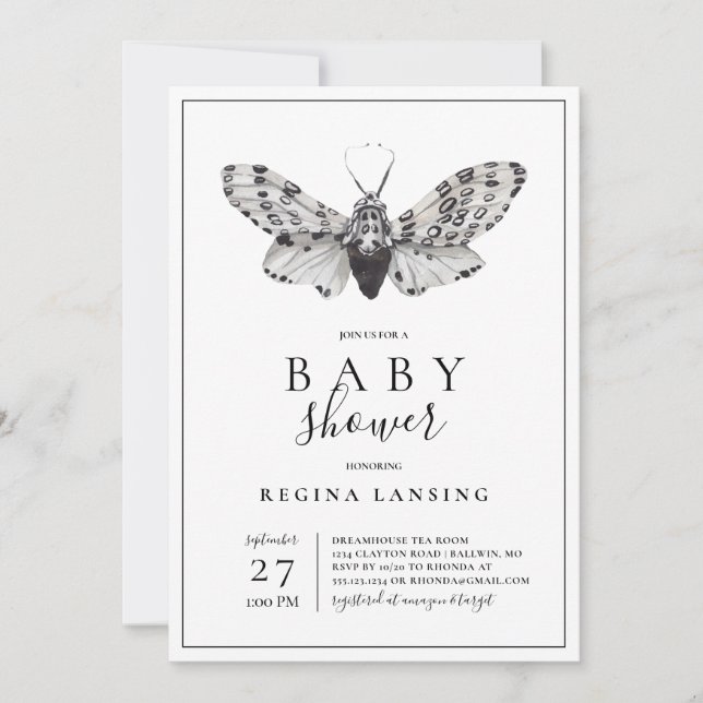 Invitación Baby Shower Black and White Love You Moth (Anverso)