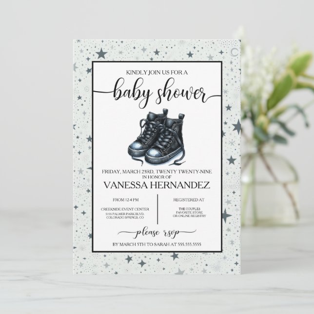 Invitación Baby Shower Black Baby High Tops (Anverso de pie)