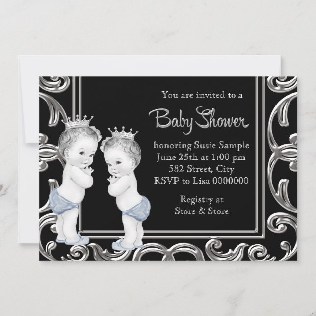 Invitación Baby Shower Black, Blue and Silver Twin Boy (Anverso)