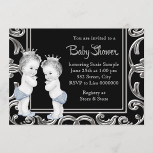 Invitación Baby Shower Black, Blue and Silver Twin Boy