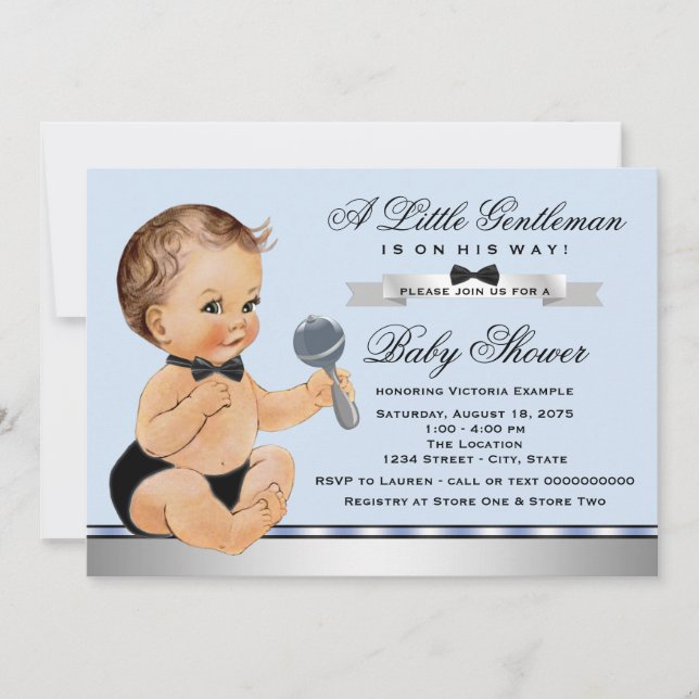 Invitación Baby Shower Black Blue Little Man (Anverso)