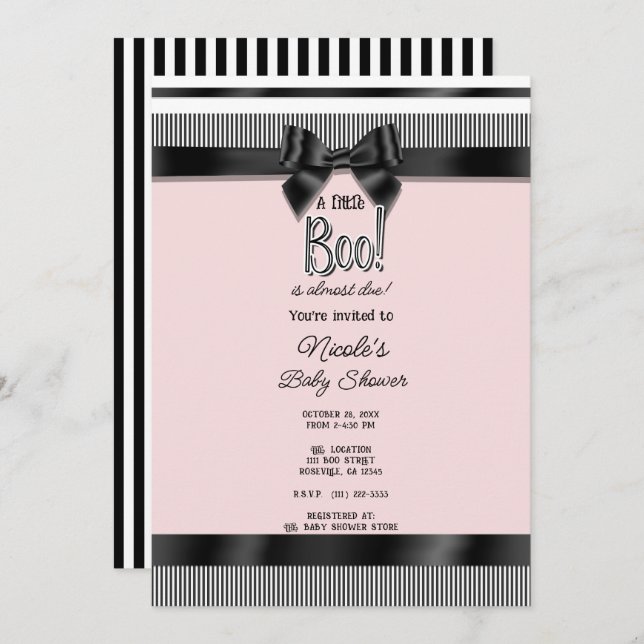 Invitación Baby Shower Black Bow White Pink Halloween (Anverso / Reverso)