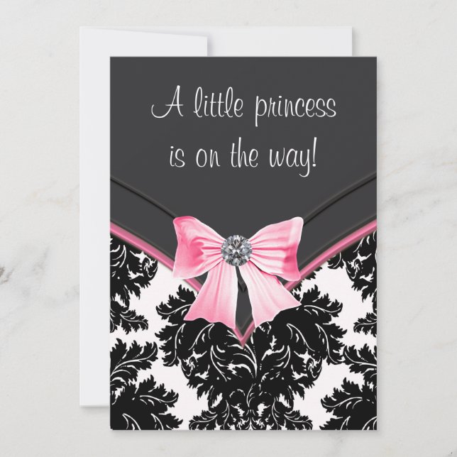Invitación Baby Shower Black Damask Pink Princess (Anverso)