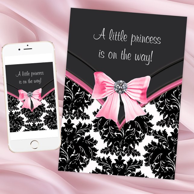 Invitación Baby Shower Black Damask Pink Princess (Pink and black damask baby shower invitation. Change all text. Download and printed available.)