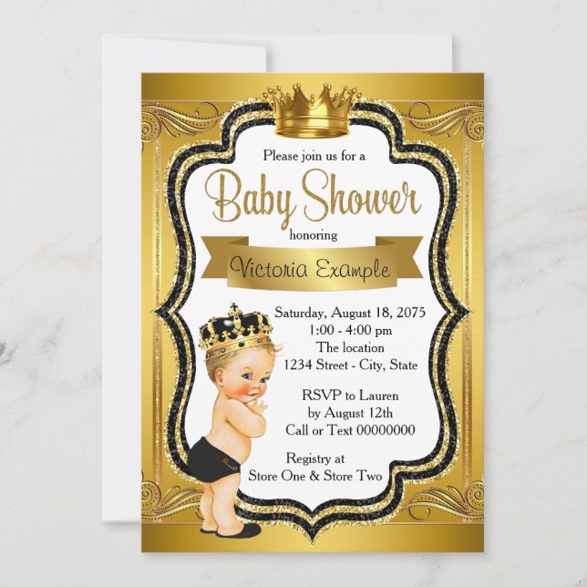 Invitación Baby Shower Black Gold Blonde Prince (Anverso)