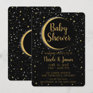 Invitación Baby Shower Black Gold Celestial Moon Magic Stars