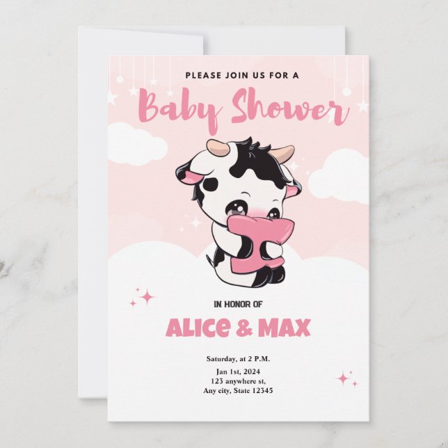 Invitación Baby Shower Black Pink Cow White Cloud (Anverso)