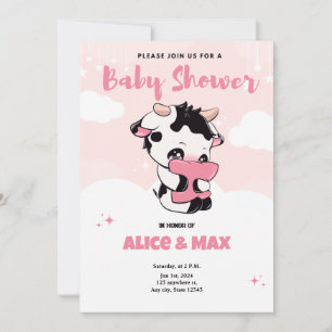 Invitación Baby Shower Black Pink Cow White Cloud