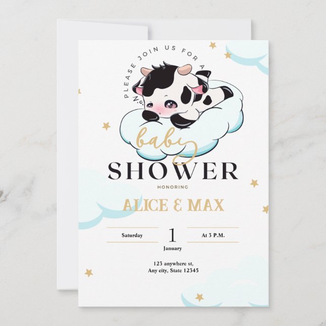 Invitación Baby Shower Black Pink Sleepy Cow White Cloud (Anverso)