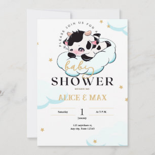 Invitación Baby Shower Black Pink Sleepy Cow White Cloud