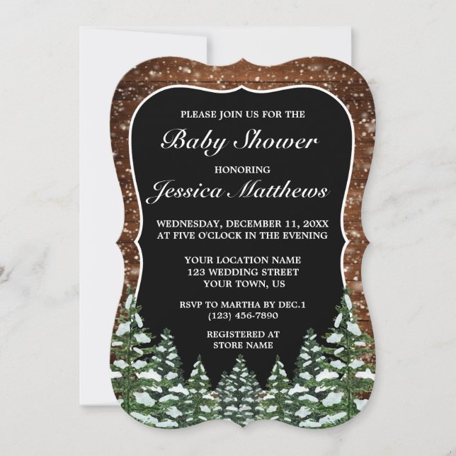 Invitación Baby Shower Black Snowy Wood & Forest Pine (Anverso)