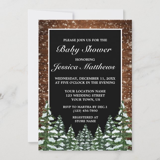 Invitación Baby Shower Black Snowy Wood & Forest Pine (Anverso)