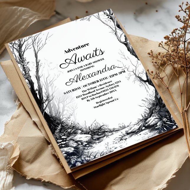 Invitación Baby Shower Black White Adventure (Subido por el creador)