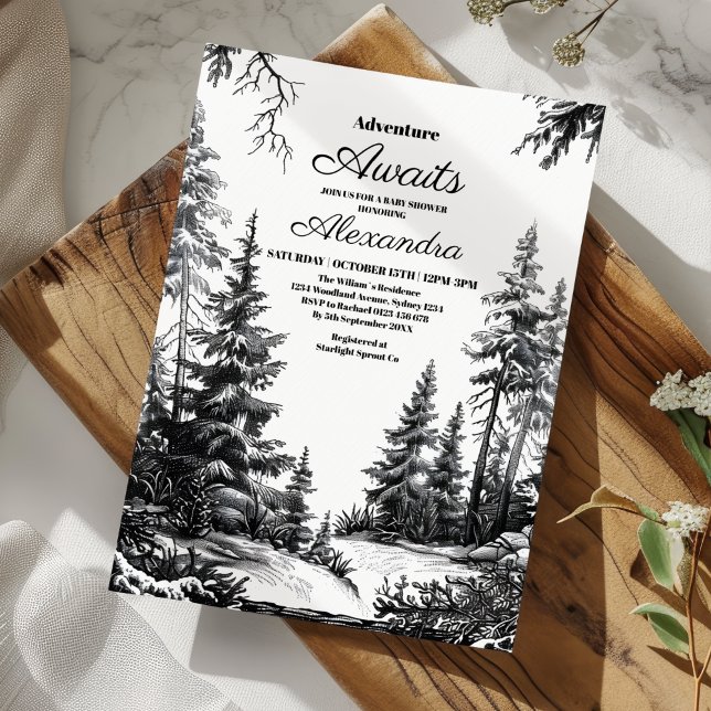 Invitación Baby Shower Black White Adventure (Subido por el creador)
