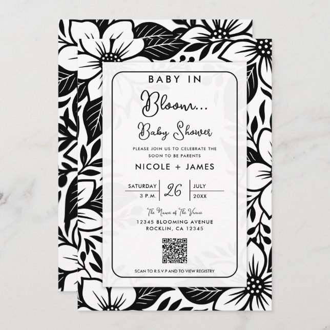Invitación Baby Shower Black & White Bold Floral Bloom (Anverso / Reverso)
