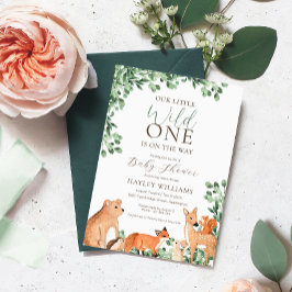 Invitación Baby Shower blanca de animales de Woodl