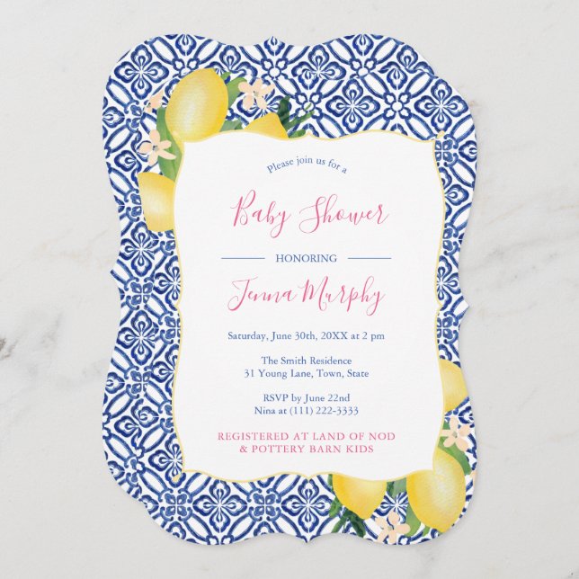 Invitación Baby Shower blanco azul cobalto de lémones pintado (Anverso / Reverso)