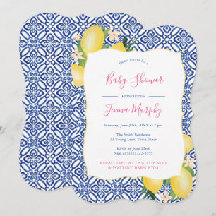 Invitación Baby Shower blanco azul cobalto de lémones pintado