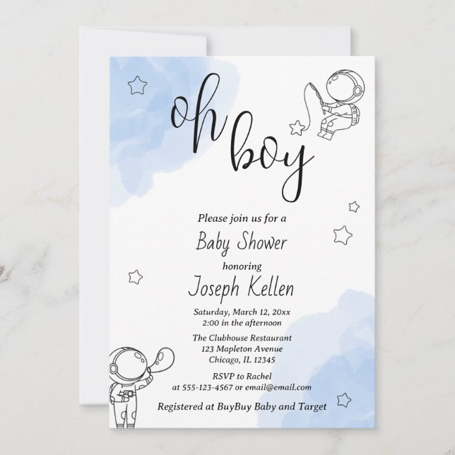 Invitación Baby Shower blanco azul y negro mate (Anverso)