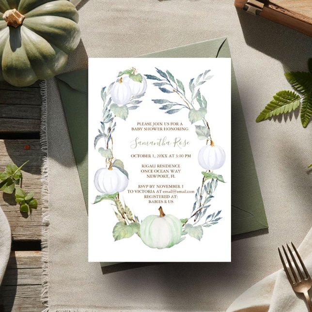 Invitación BABY SHOWER BLANCO BLANCO y verde (Gender neutral baby shower invitations fall white and green pumpkins watercolor)
