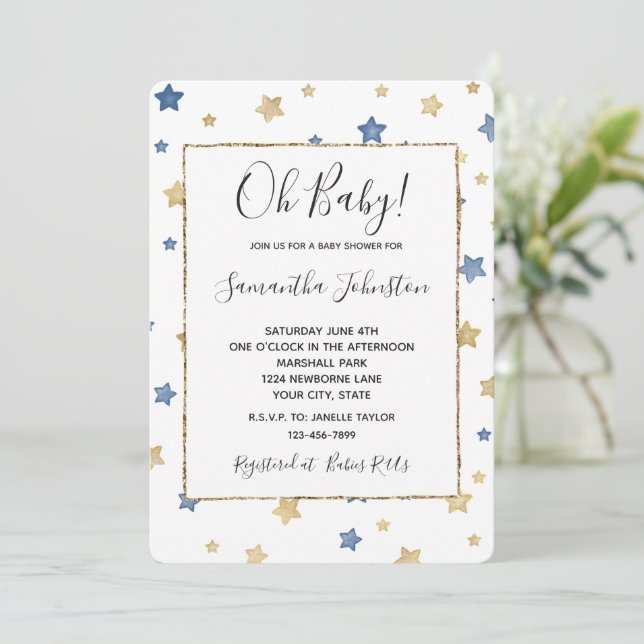 Invitación Baby Shower blanco de Blue Gold Stars (Anverso de pie)