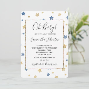 Invitación Baby Shower blanco de Blue Gold Stars