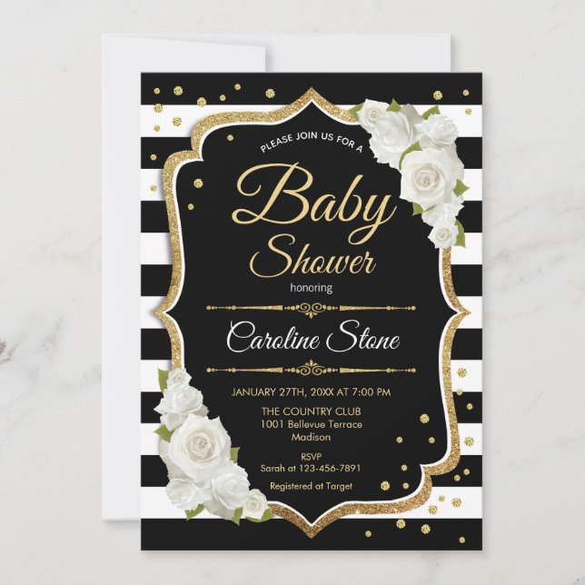 Invitación Baby Shower blanco negro dorado (Anverso)